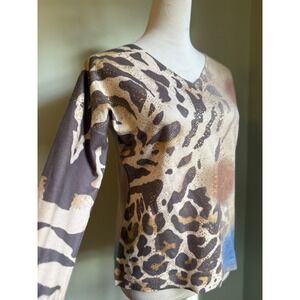 Orly Leopard Print V Neck Long Sleeve Sweater Top Metallic Gold xs bohoY2K brown